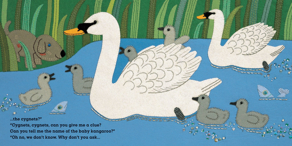 Illustration of swans and cygnets in a pond with a dog and kangaroo in the background.