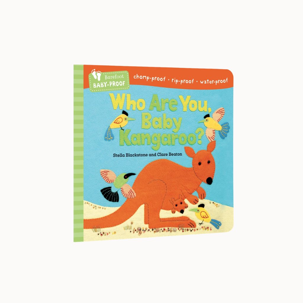 A children's board book titled "Who Are You, Baby Kangaroo?" by Stella Blackstone and Clare Beaton. The cover features a bright blue background with an orange kangaroo, small birds, and a green-and-white striped spine border, photographed on a plain white background.