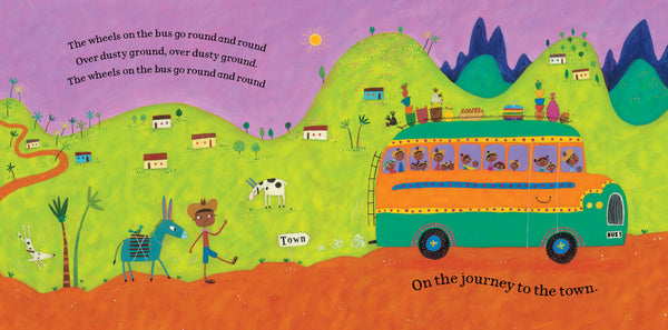 Illustration of a bus journey with children and animals on a colorful landscape.