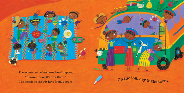 Illustrated book page with children on a bus and text on an orange background