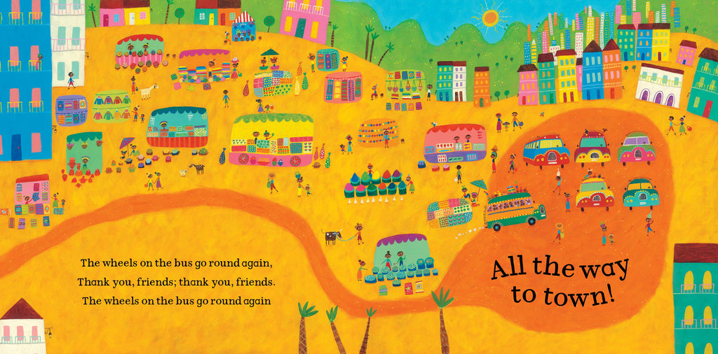 Colorful illustration of a city street with vehicles and people, featuring text at the bottom.
