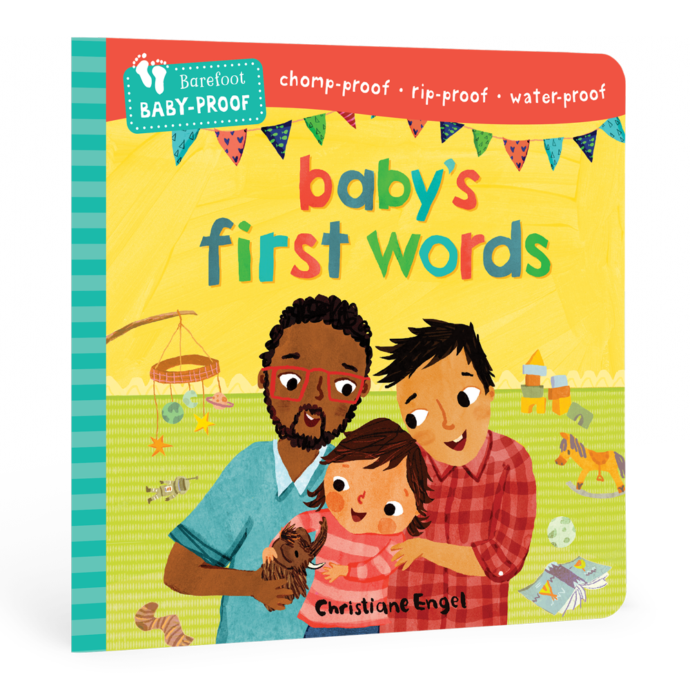 Children's book titled 'Baby's First Words' with colorful cover and illustration of three children.