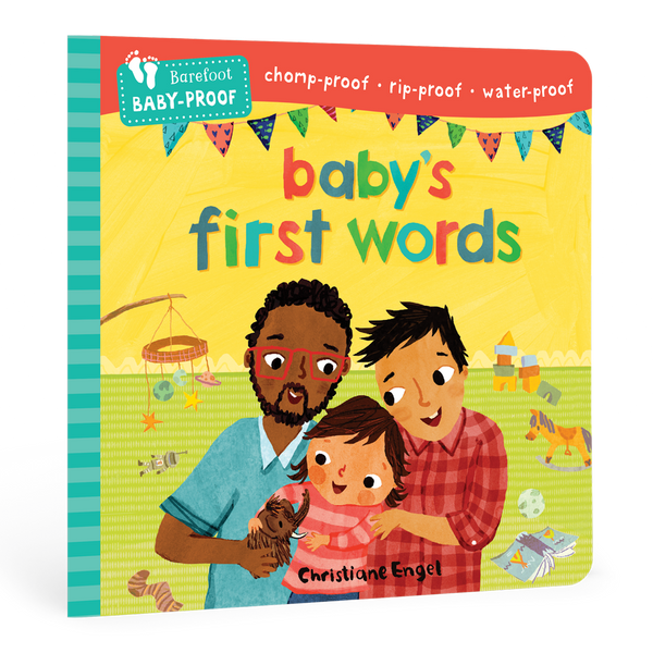 Children's book titled 'Baby's First Words' with colorful cover and illustration of three children.