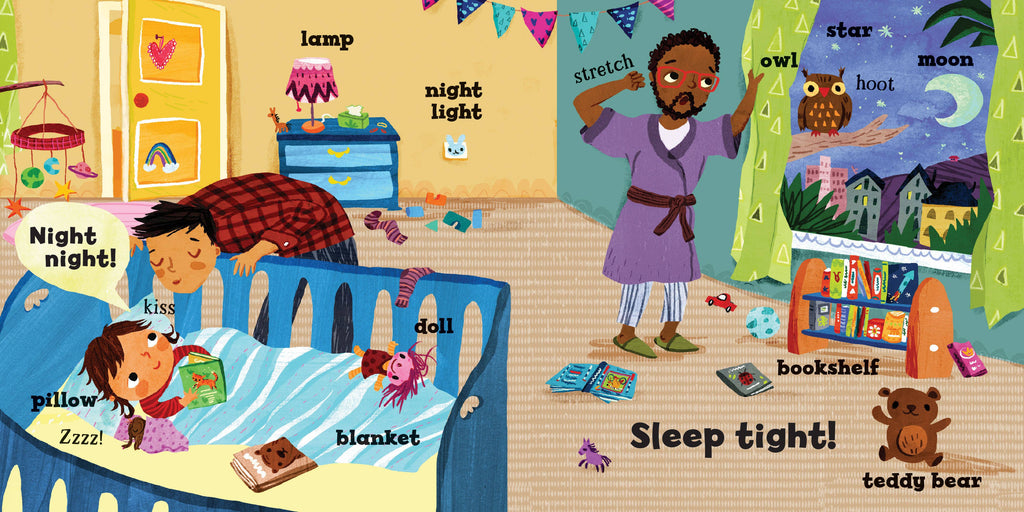 Children's book illustration of a bedtime scene with a child, parent, and bedtime items.