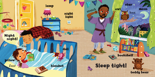 Children's book illustration of a bedtime scene with a child, parent, and bedtime items.