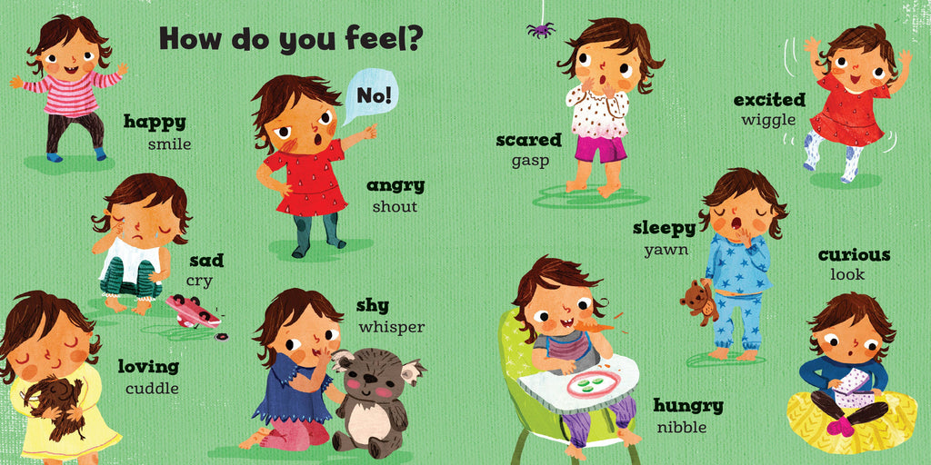 Illustrations of children expressing different emotions with text labels on a green background