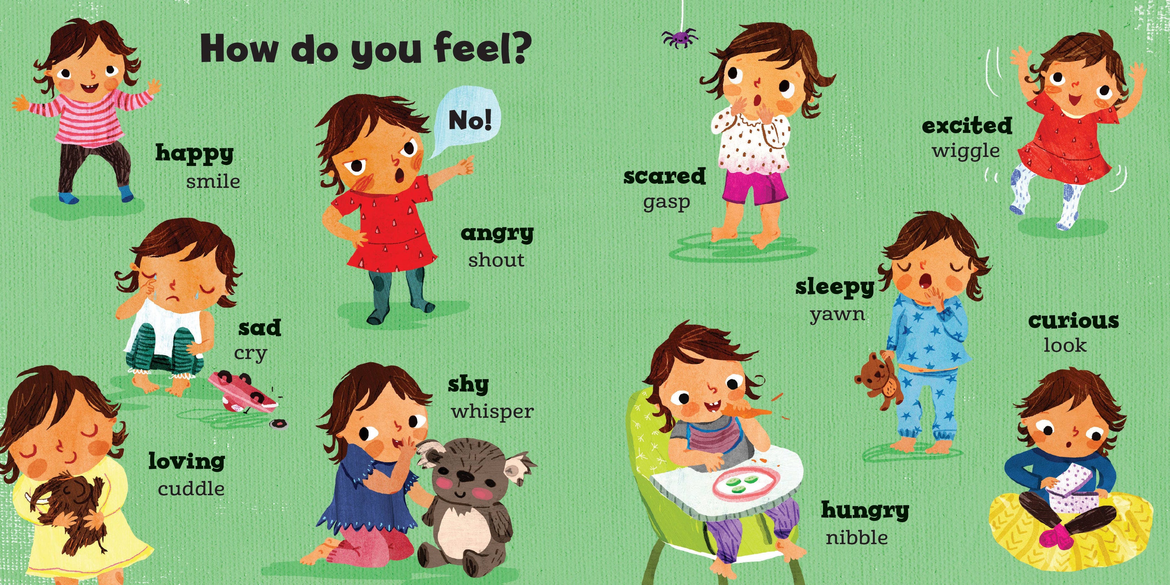 Illustrations of children expressing different emotions with text labels on a green background