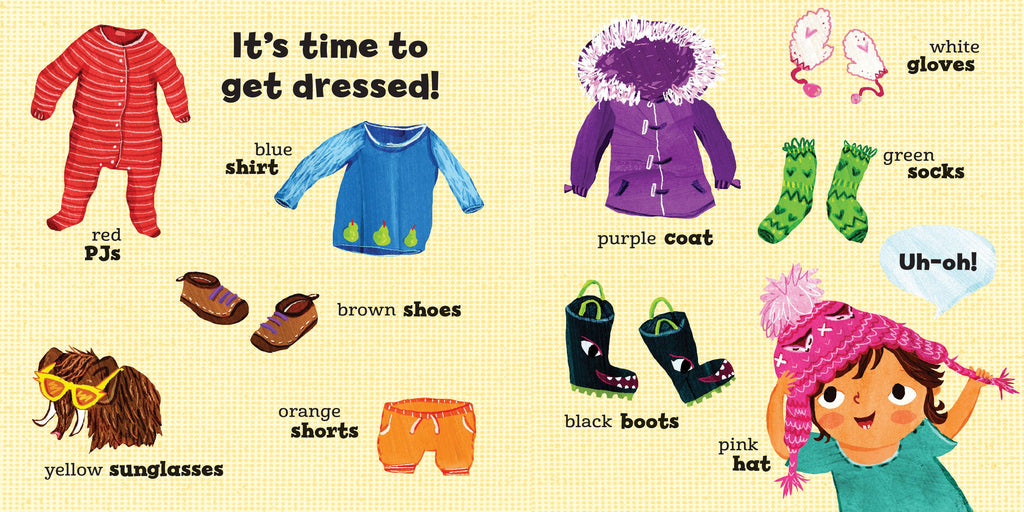 Illustration of children's clothing and accessories with labels on a beige background