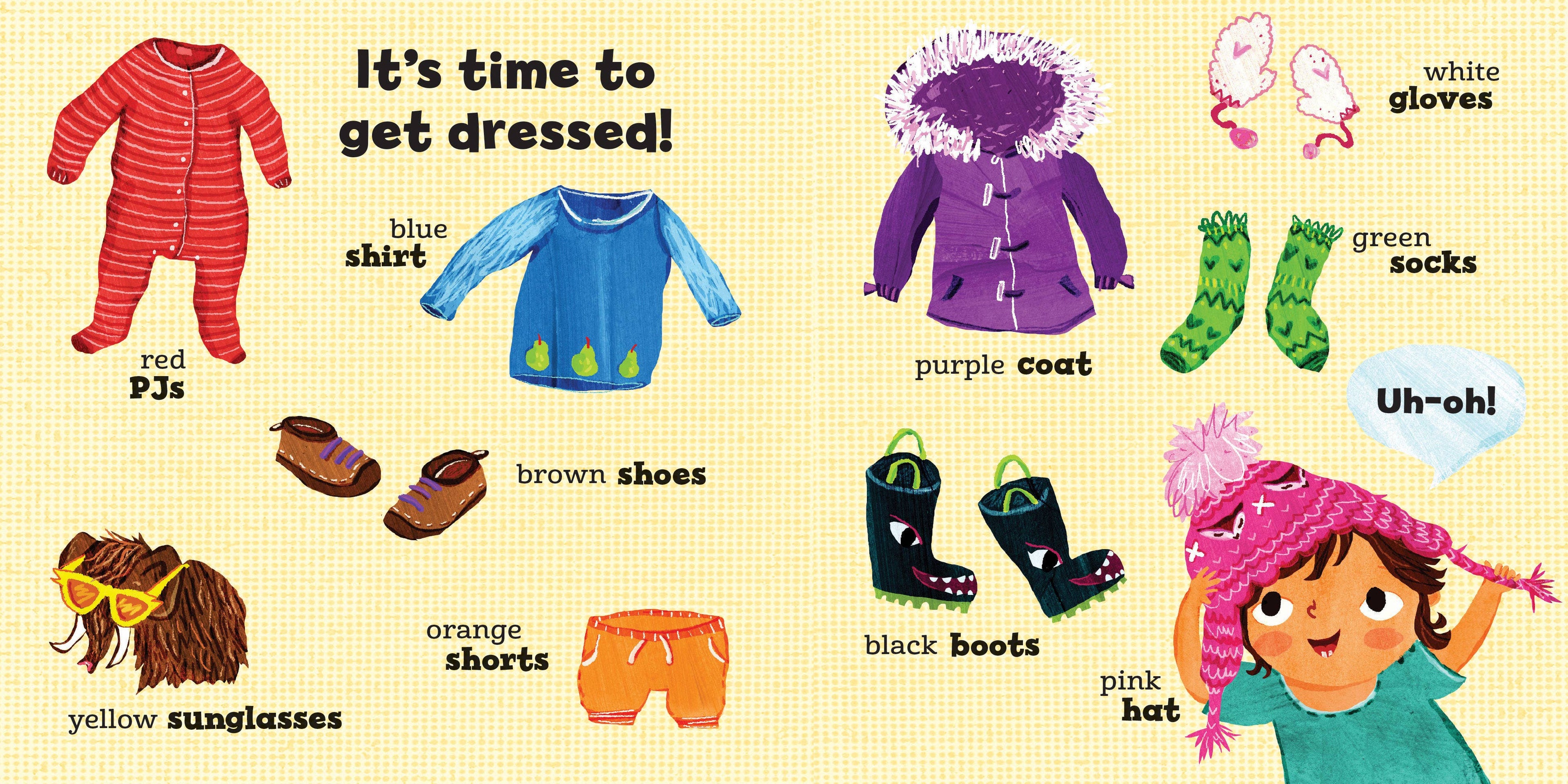 Illustration of children's clothing and accessories with labels on a beige background