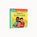 A children's board book titled "baby's first words" by Candace Erskine, featuring a colorful cover illustration of a father, mother, and baby, with a yellow background and multicolored text.