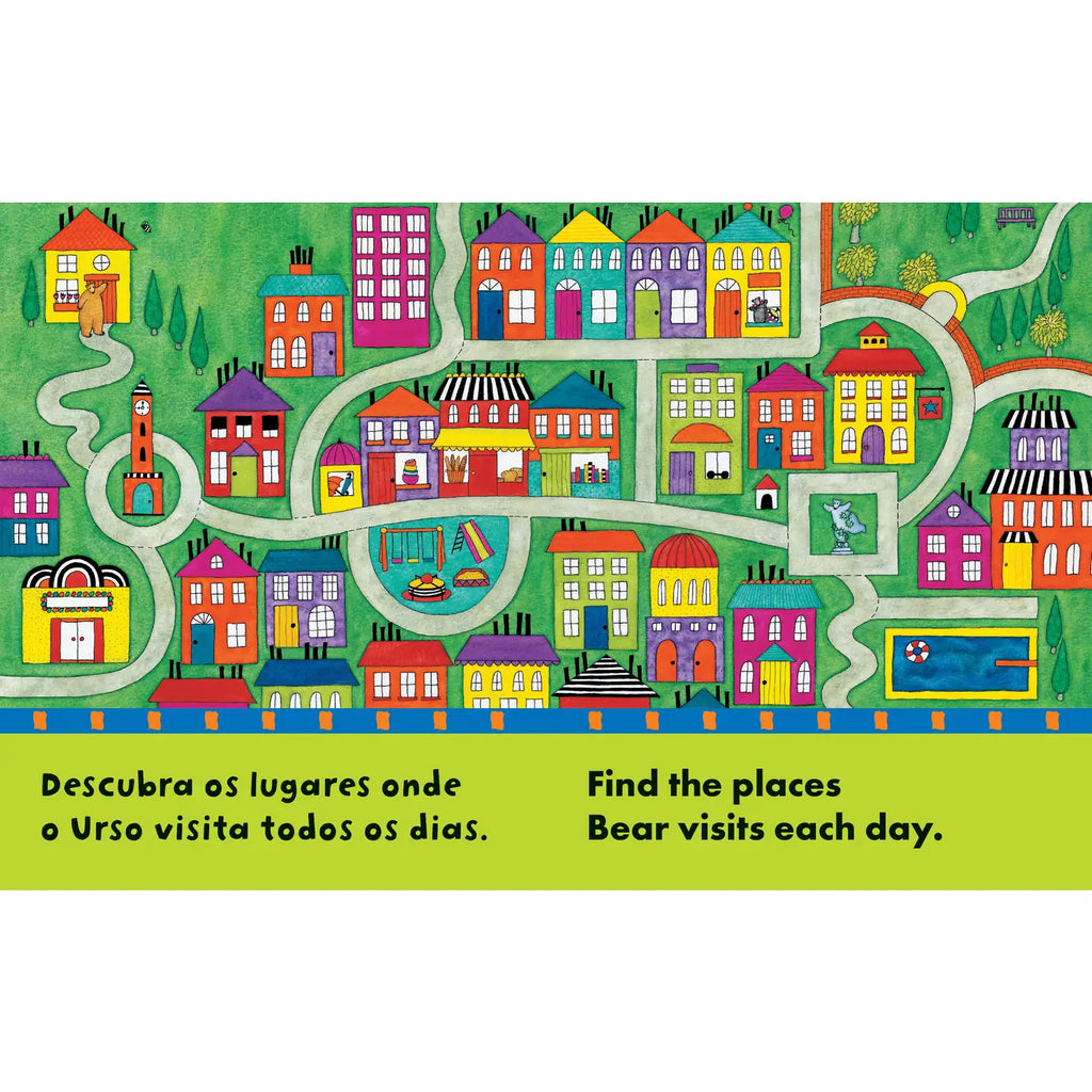 Colorful illustrated map of a town with houses and roads, featuring text in Portuguese and English.