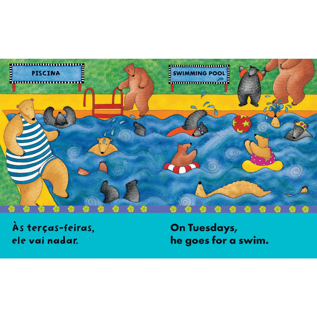 Illustration of bears at a pool with text in Portuguese and English.