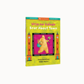 Children's book titled 'Urso na cidade / Bear About Town' shown upright on a plain light gray background. The cover is bright yellow-green with a central illustration of a bear holding a blue bucket and flower, framed by orange clock towers on a magenta panel.