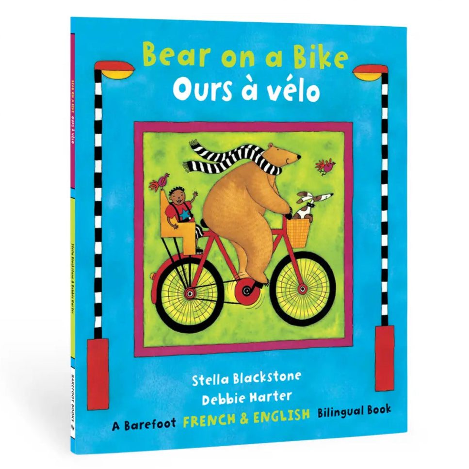 Children's book titled 'Bear on a Bike' with a colorful cover featuring a bear riding a bike.