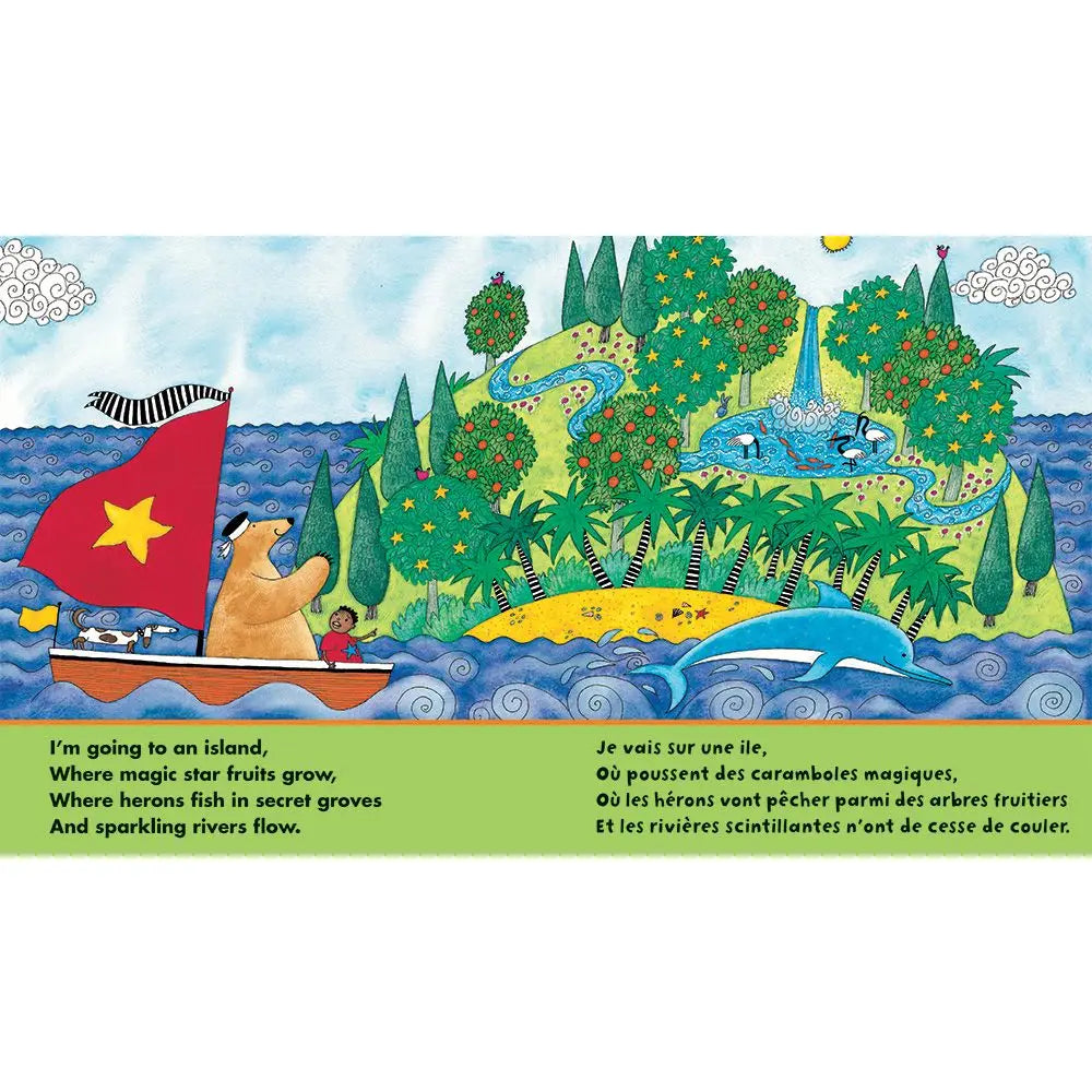 Illustration of a bear and child on a boat with an island in the background, featuring text.