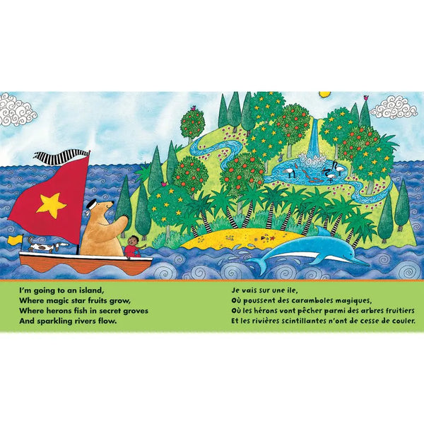 Illustration of a bear and child on a boat with an island in the background, featuring text.