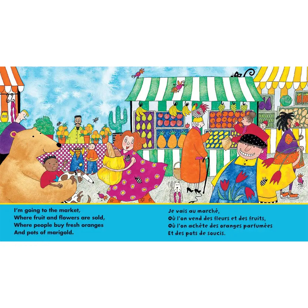 Illustrated children's book page with a market scene and text in English and French.