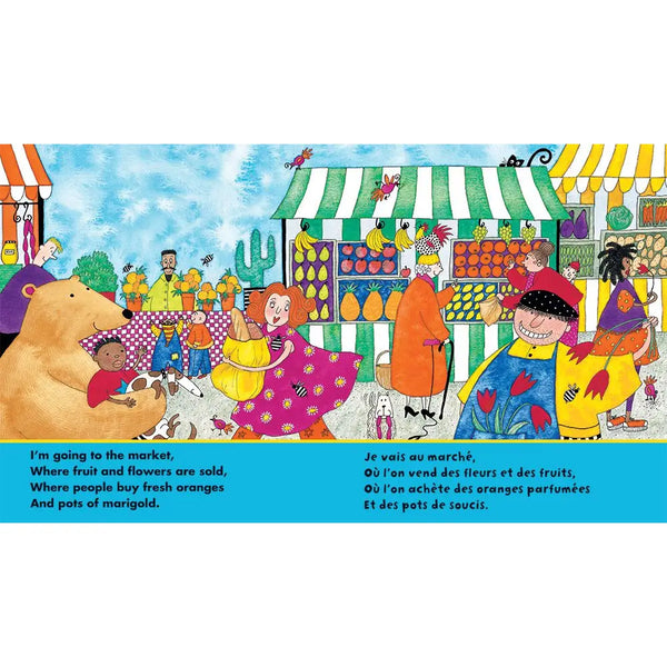 Illustrated children's book page with a market scene and text in English and French.