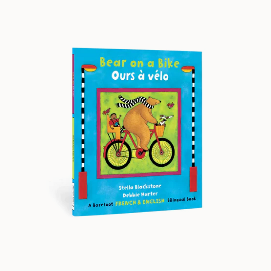 Children's book titled 'Bear on a Bike' with a colorful cover featuring a bear riding a bike.