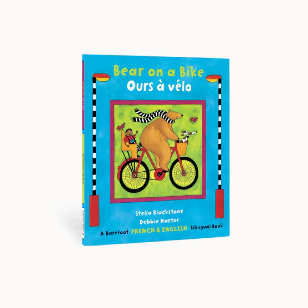 Children's book titled 'Bear on a Bike' with a colorful cover featuring a bear riding a bike.