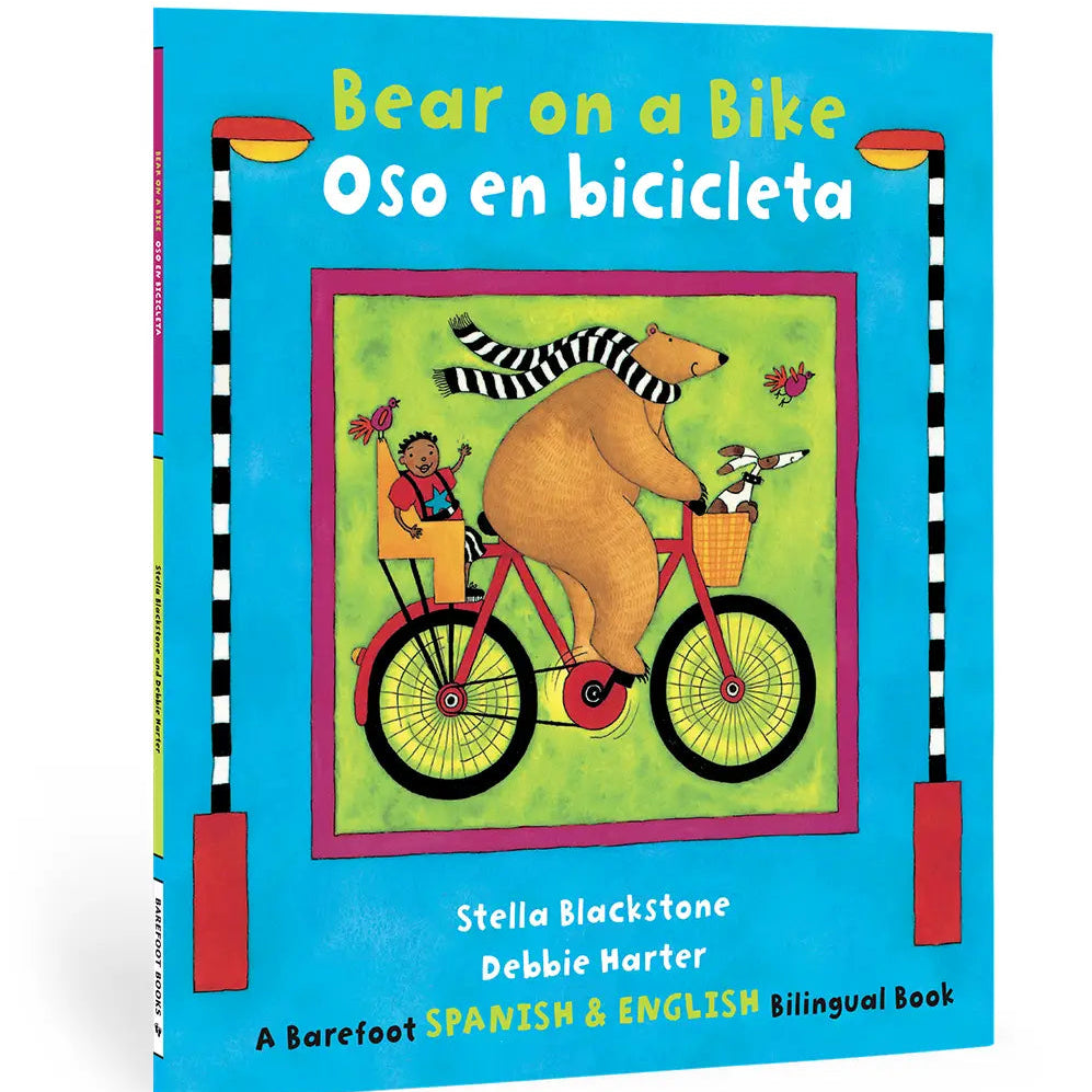 Children's book cover with a bear on a bike illustration and bilingual text