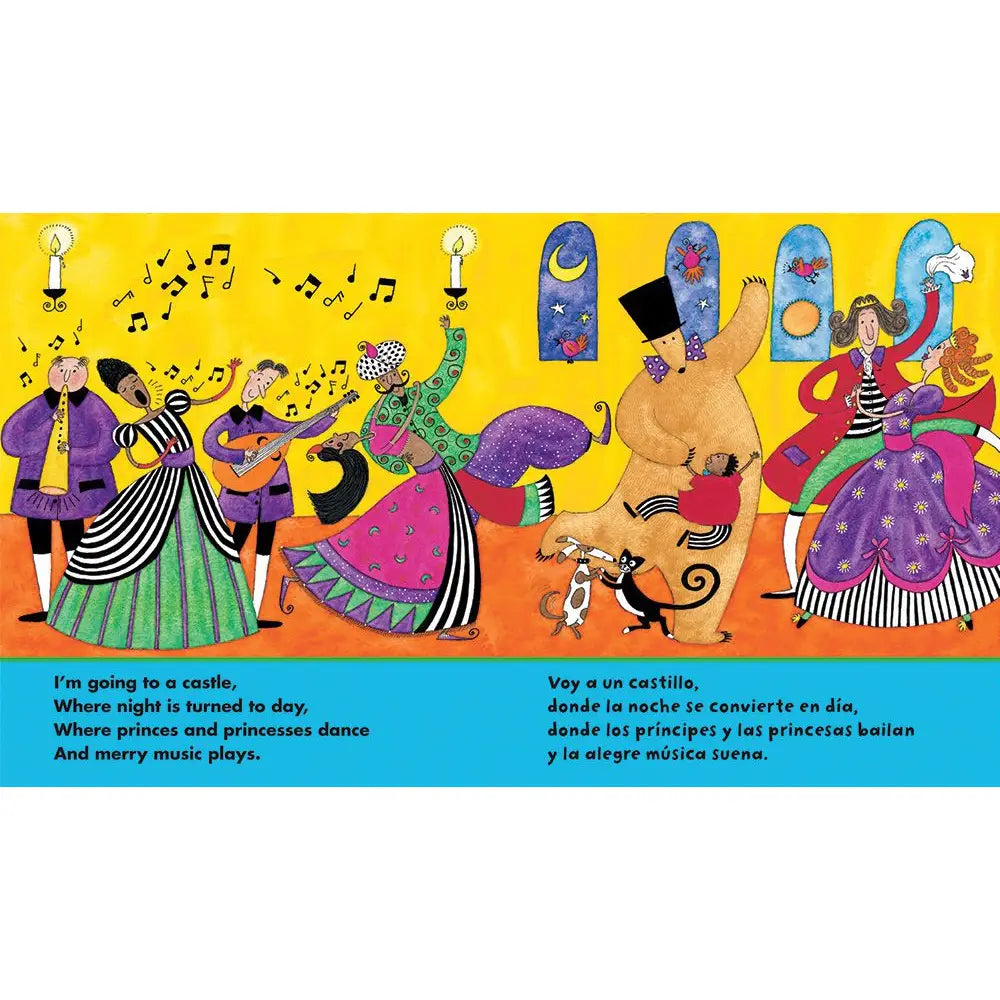 Colorful illustration of characters dancing with musical elements on a yellow and blue background.