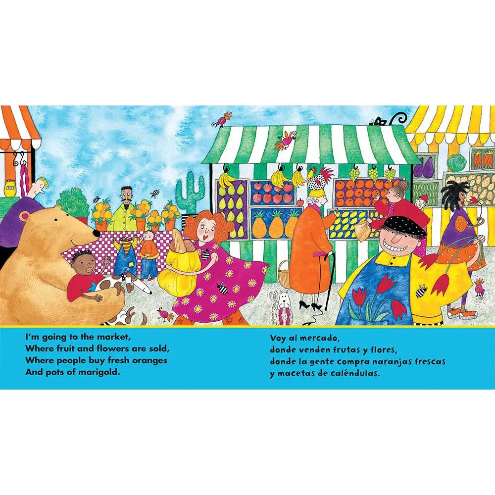 Illustrated children's book page with colorful market scene and text.