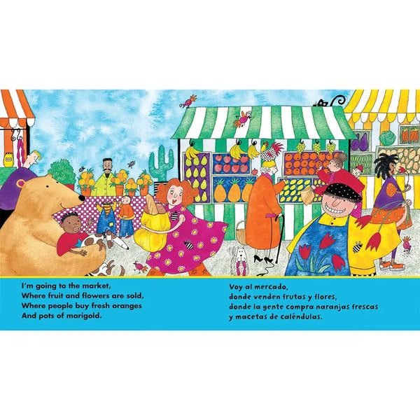 Illustrated children's book page with colorful market scene and text.