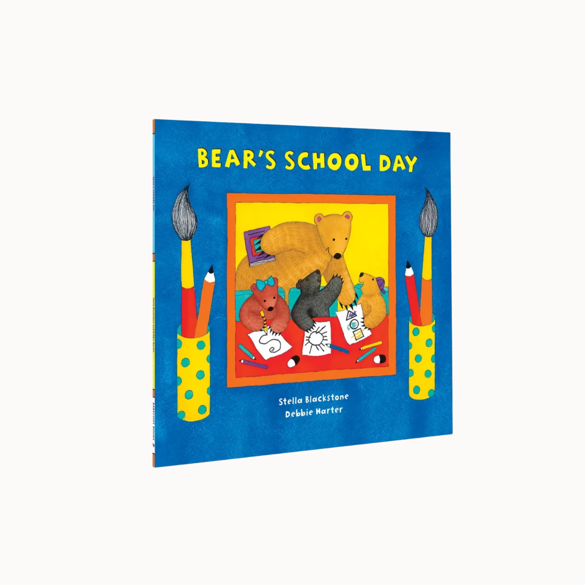 Children's board book titled 'Bear's School Day' by Stella Blackstone and Dribie Murrer, featuring a bright blue cover with yellow title text and an illustration of bears drawing in the center.