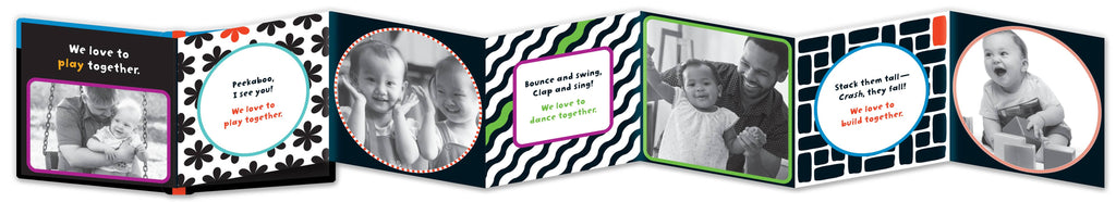 Row of photo albums with various designs and baby photos on a black background