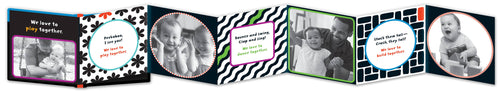 Row of photo albums with various designs and baby photos on a black background