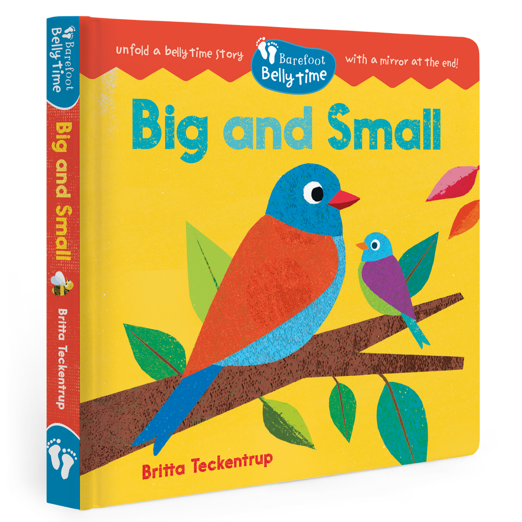 Book titled 'Big and Small' with colorful birds on a branch, featuring Barefoot Books branding.