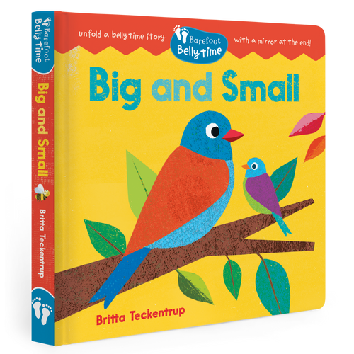 Book titled 'Big and Small' with colorful birds on a branch, featuring Barefoot Books branding.