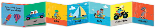 Children's book with colorful illustrations of vehicles and activities