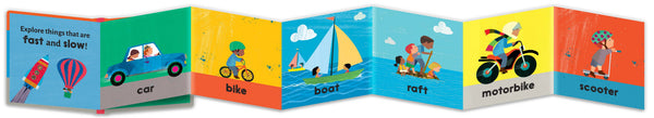 Children's book with colorful illustrations of vehicles and activities