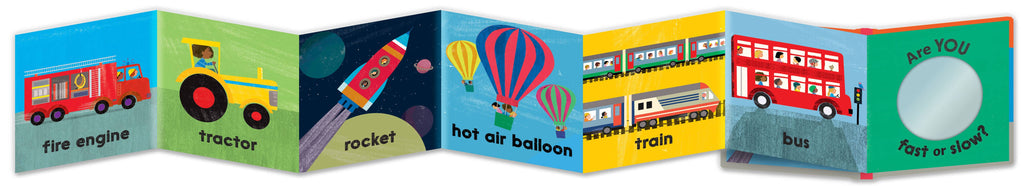 Children's book with colorful illustrations of vehicles and objects.