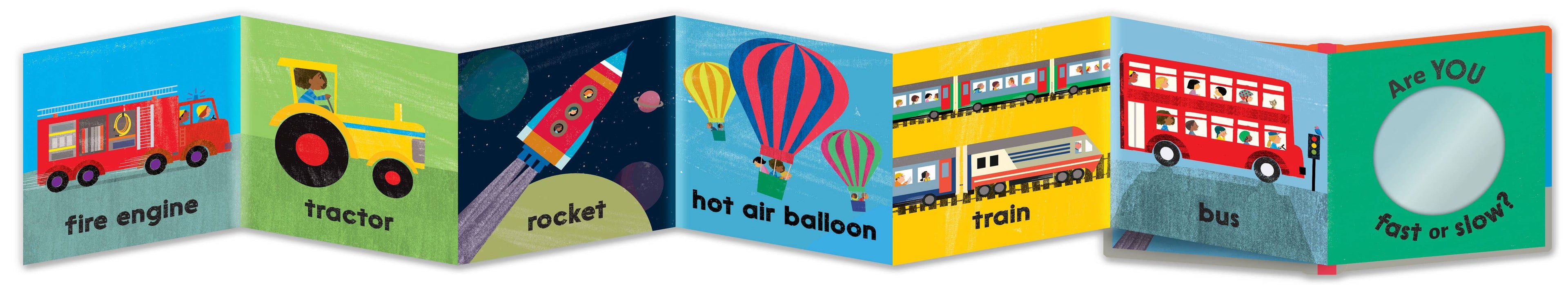 Children's book with colorful illustrations of vehicles and objects.