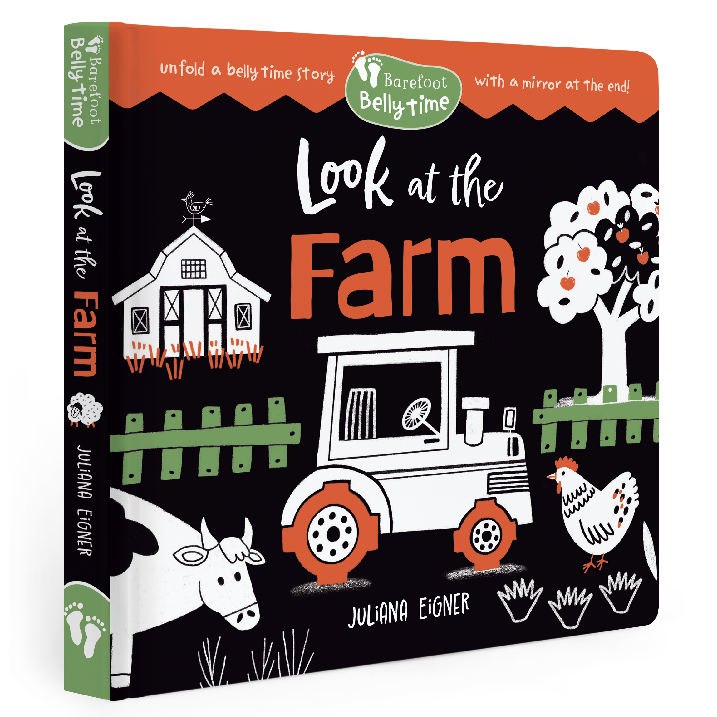 Children's book titled 'Look at the Farm' with farm-themed illustrations on a black background.