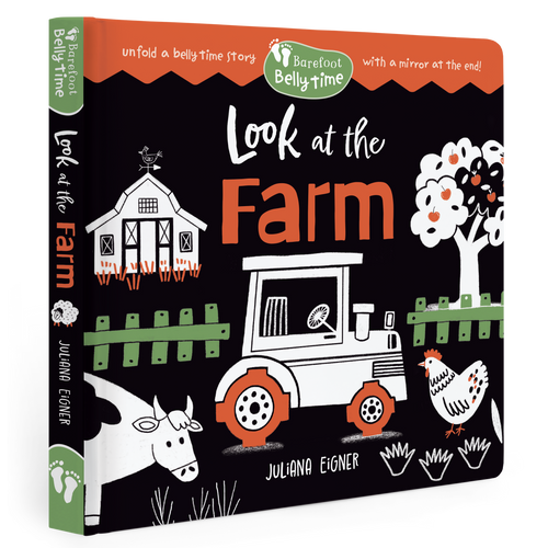 Children's book titled 'Look at the Farm' with farm-themed illustrations on a black background.