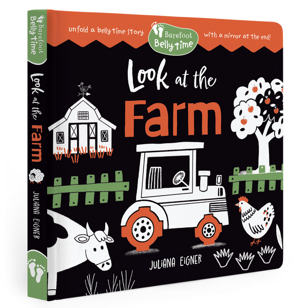 Children's book titled 'Look at the Farm' with farm-themed illustrations on a black background.