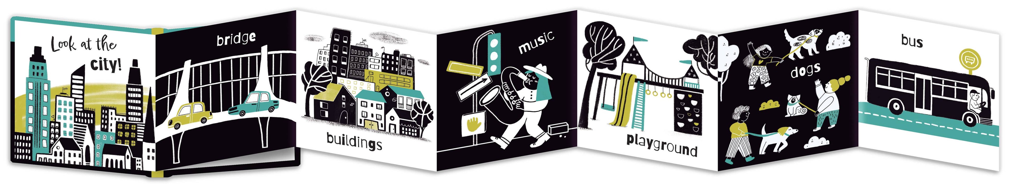 Set of three children's books with black and white illustrations on a white background