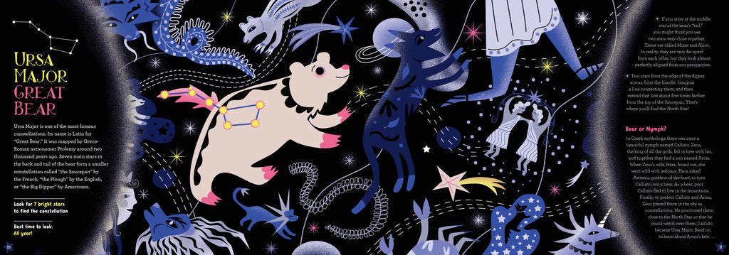 An illustrated spread featuring a whimsical night-sky scene with Ursa Major, a bear constellation, stars, planets, and celestial figures in blue, white, and pink on a black background, with text columns along the left and right edges.