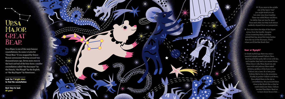 An illustrated spread featuring a whimsical night-sky scene with Ursa Major, a bear constellation, stars, planets, and celestial figures in blue, white, and pink on a black background, with text columns along the left and right edges.