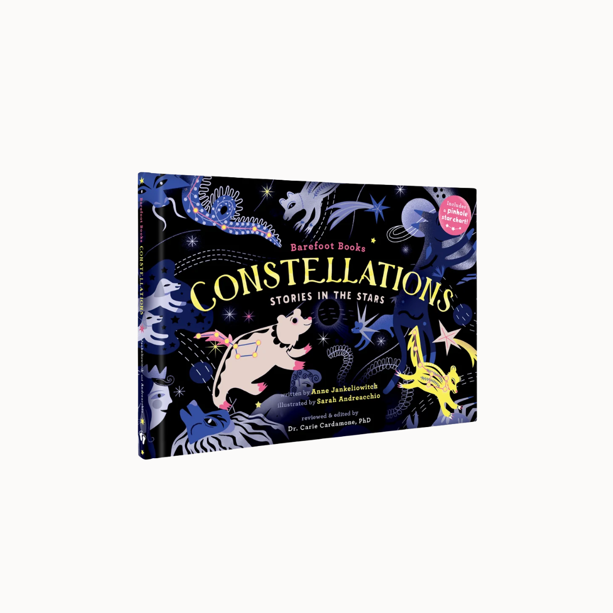 The children's book 'Constellations: Stories in the Stars' by Barefoot Books, featuring a dark navy blue cover decorated with whimsical illustrations of stars, constellations, and a cow under a bright yellow star.