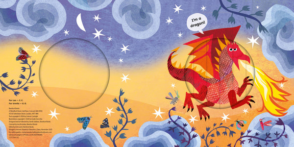 Illustration of a dragon with a speech bubble saying 'I'm a dragon' against a night sky with stars and clouds.
