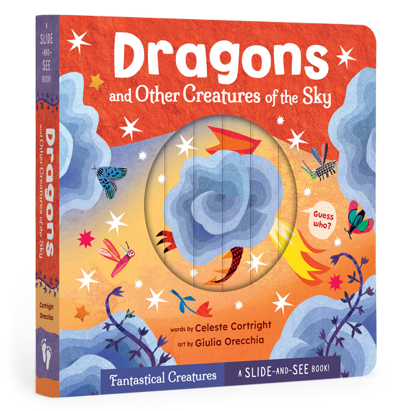 Book cover of 'Dragons and Other Creatures of the Sky' with colorful illustrations and a sliding panel.