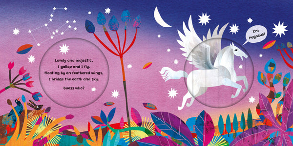Colorful illustration of a Pegasus with a purple background and celestial elements.