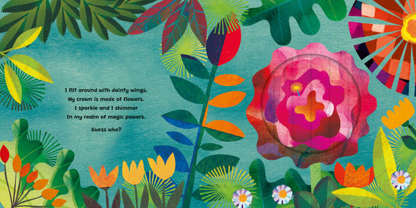 Colorful illustration of a flower with text on a blue background