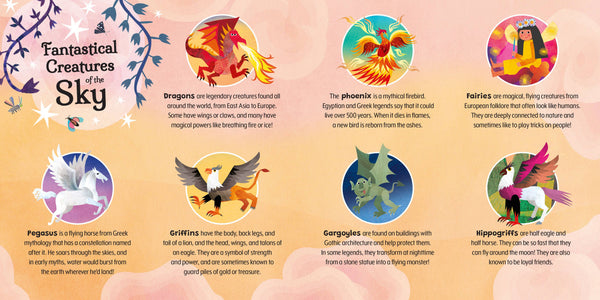 Illustrations of fantastical creatures with brief descriptions on a colorful background.
