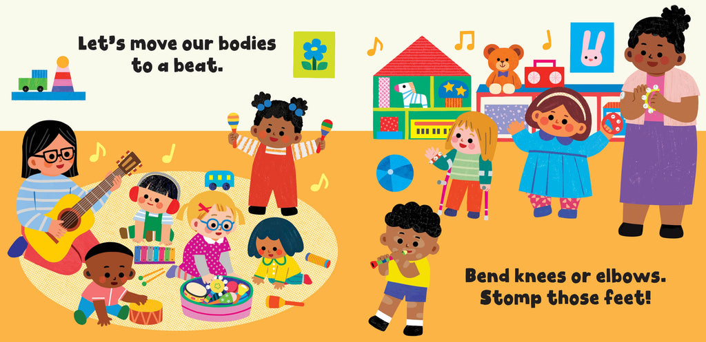 Children playing with toys and engaging in activities on a yellow background